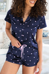 Blue Satin Heart Print Short Sleeve Top and Shorts Lounge Set
